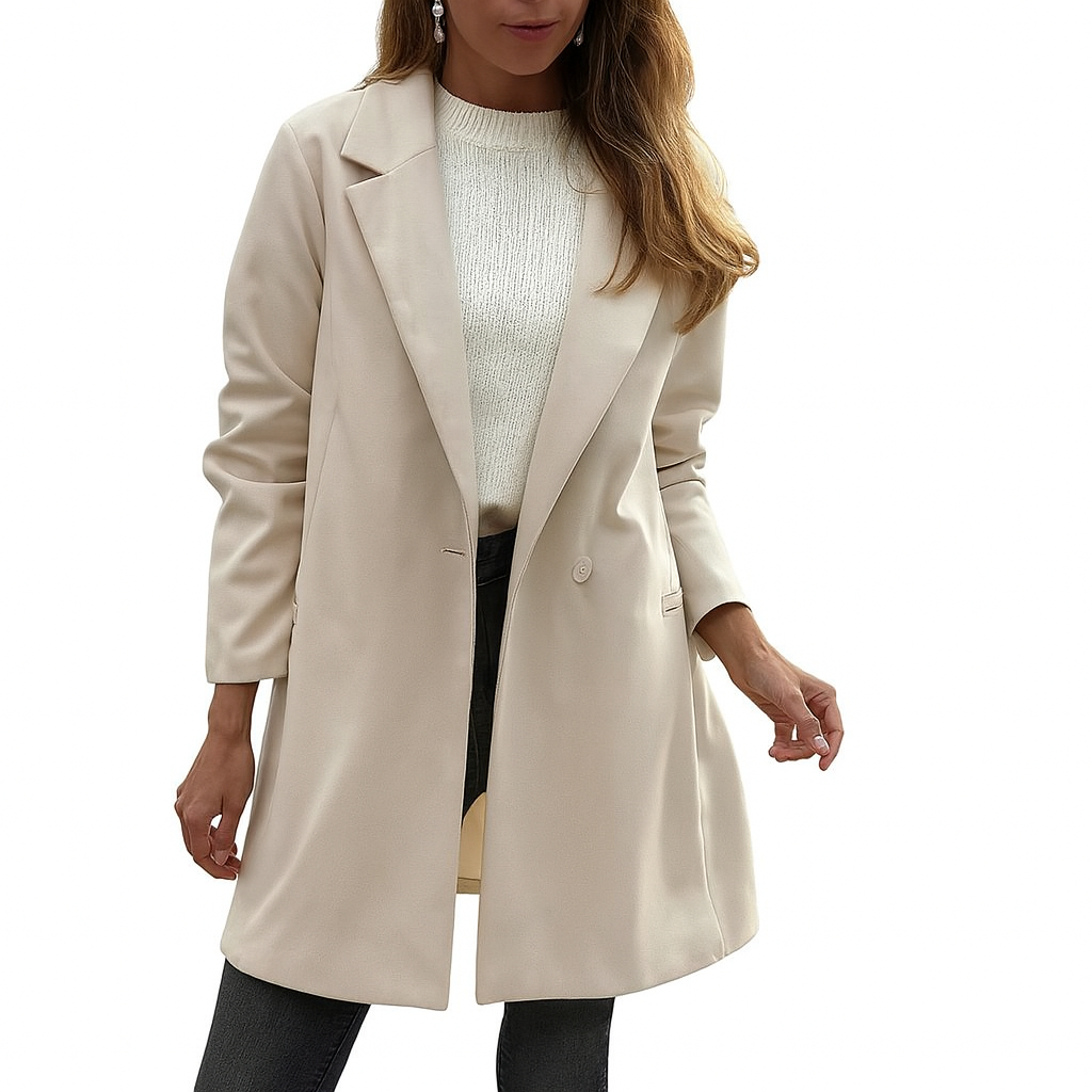 Camel Long Coat – Women’s Elegant Double-Breasted Overcoat