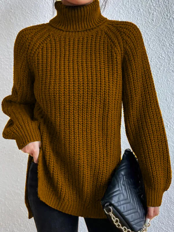 Helena | Turtleneck Sweater with Split Hem and Raglan Sleeves