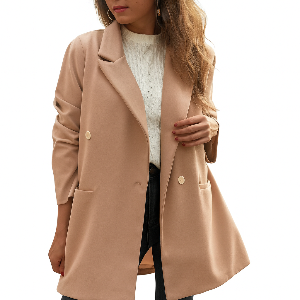 Camel Long Coat – Women’s Elegant Double-Breasted Overcoat