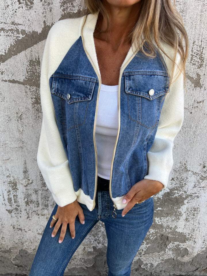 Delara-Contrast Denim Zip Jacket